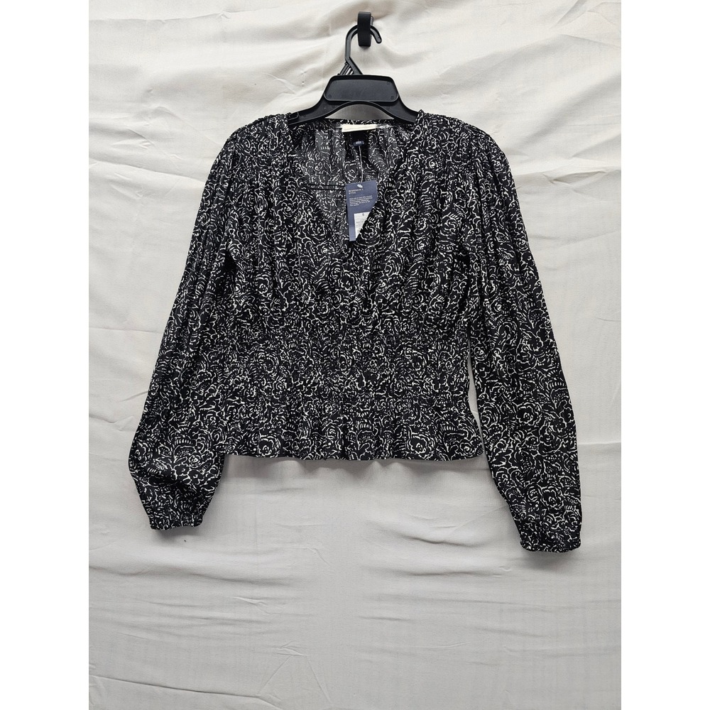 Universal Thread Womens Smocked V-Neck Top Black Polyester Casual Size Small